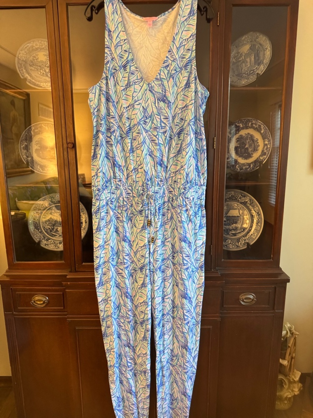 Sleeveless Blue Leaf Print Jumpsuit